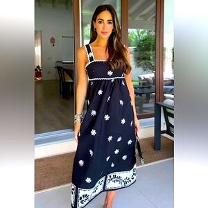 New ZARA Black And White Printed Midi Dress With Passementerie Trim